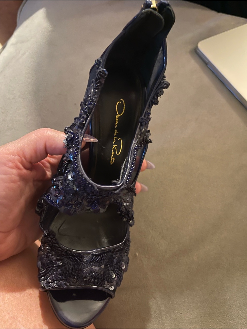 Oscar de la Renta Navy Sequined Embellished Peep-Toe Heel